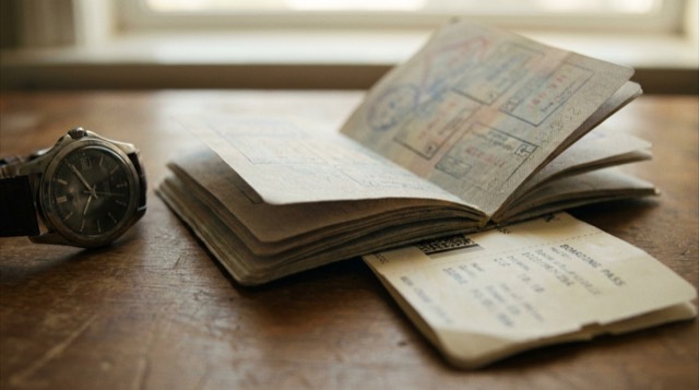 A passport full of entry stamps beside a boarding pass and a wristwatch