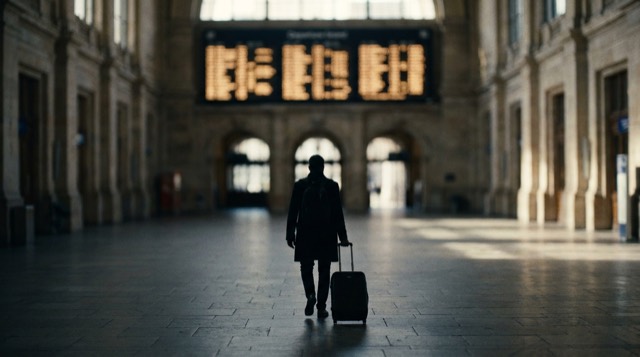 A traveller with a suitcase facing a departure board in an airport at night