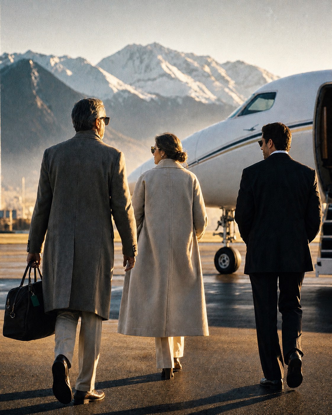 Three people crossing a private tarmac at golden hour, past a vintage car toward a waiting jet.