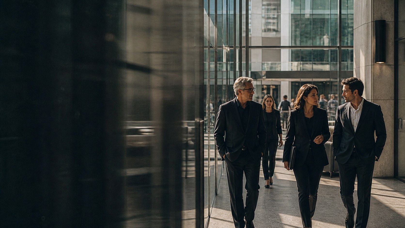 A group of advisors in tailored dark suits walking and talking through the sunlit glass lobby of a modern office building.